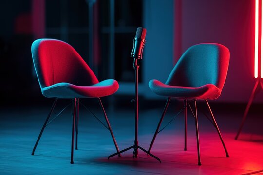 two chairs and microphones in podcast or interview room on dark background as a wide banner for media conversations