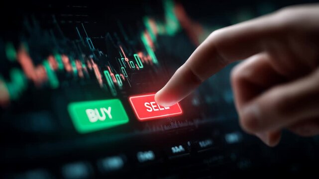 finger in decision taking process about to press red sell button on screen. investing analysis selling portfolio assetts