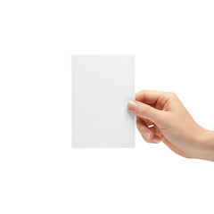 Fototapeta premium Female hand holding blank white vertical card for display mockup