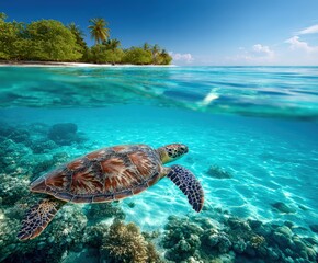 Obraz premium Majestic sea turtle gracefully swimming in vibrant turquoise waters