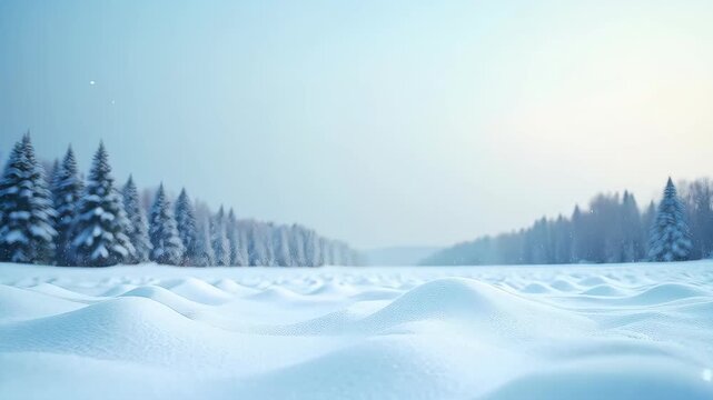 A serene winter landscape featuring a snow covered foreground with soft, undulating snowdrifts and a blurred forest in background