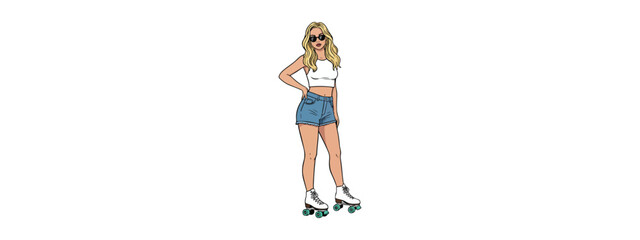 Stylish Blond Lady Roller Skater Vector Illustration for Retro T Shirt Design