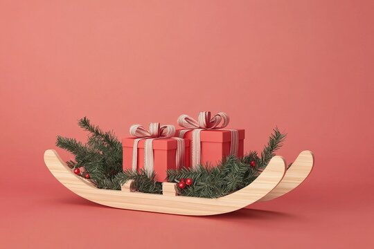 Wooden sled decoration with greenery and ribbon accents, 3d illustration of two light red gift boxes with bows