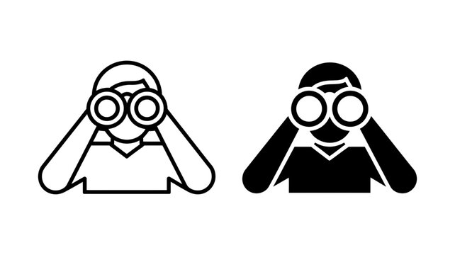 Binoculars icon set includes a person looking through binoculars and a person looking through binoculars with a hat