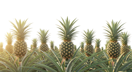 A lush field of ripe pineapples, with spiky green leaves under soft lighting, cutout, PNG isolated on white or transparent background
