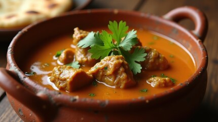 Hearty lamb curry served in a rustic clay pot with fresh cilantro garnish