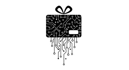 Black and white gift card with circuit board design and bow on top on a white background