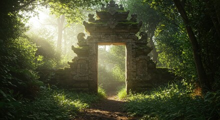 Ancient carved stone gateway stands amidst dense vibrant foliage with bright sun rays filtering through the trees