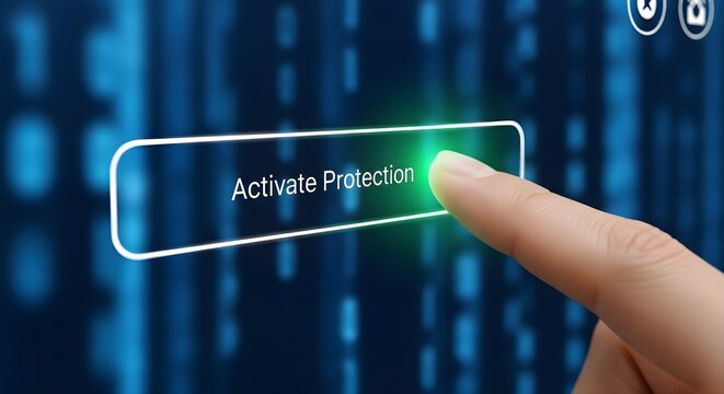 Finger presses a glowing digital button on a futuristic blue background with binary code