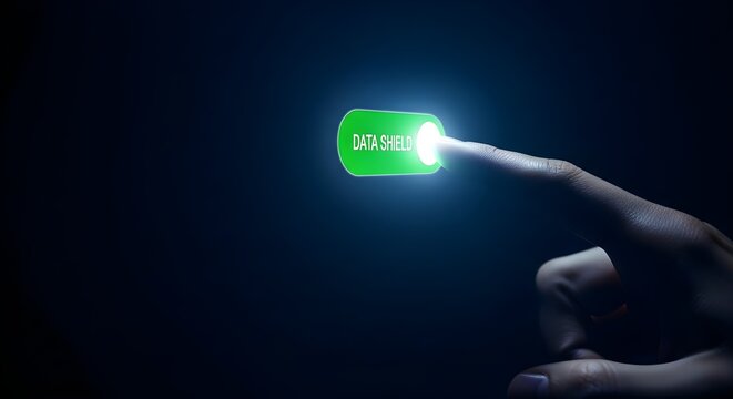 Finger pressing a glowing green button with the word go illuminated in the dark