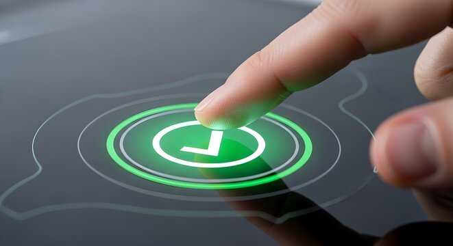 Close up of a finger pressing a glowing green checkmark button on a digital interface