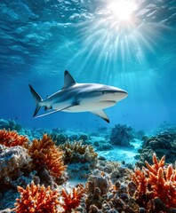 Fototapeta premium Majestic shark swimming gracefully through vibrant coral reef waters