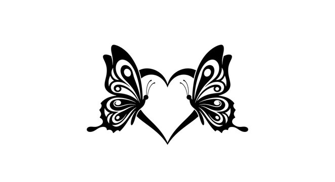 Two butterflies facing each other creating a heart shape in black and white illustration art