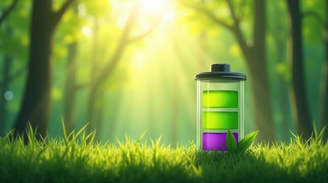 Green energy battery charging in a sunlit forest with lush grass