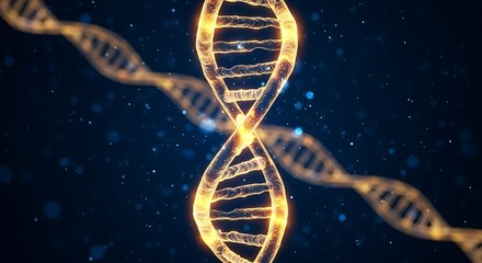 Glowing golden dna double helix against a dark blue starry background