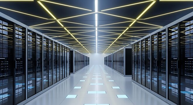A futuristic server room with glowing lights, showcasing the infrastructure and technology that powers modern data centers and cloud computing solutions - Powered by Adobe