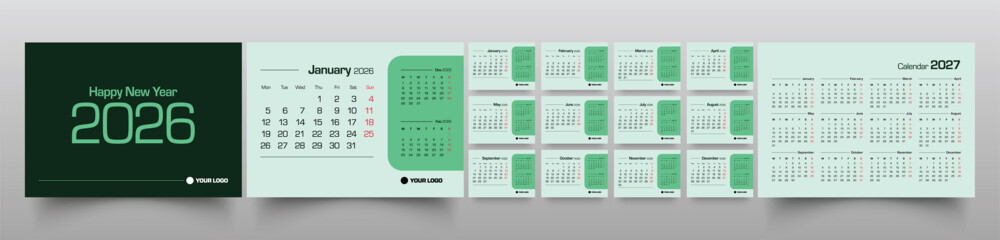 Desk calendar 2026 week start Monday corporate design template vector. Cover calendar. Monthly calendar layout. Minimalist modern desk calendar design in horizontal layout. corporate calendar