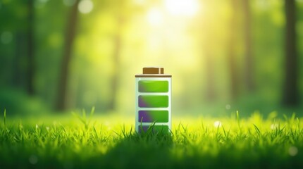 Green energy battery in a sunlit forest symbolizing renewable power