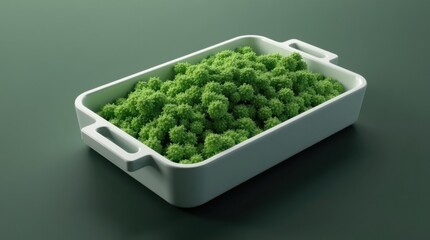 Fresh green broccoli florets in a white ceramic dish on a dark background