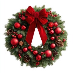 Festive wreath with red decorations.