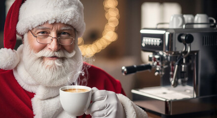 Santa Claus enjoying coffee for cafe advertising and holiday marketing promotions