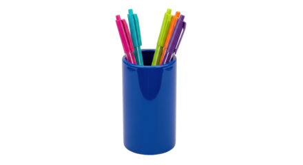 Isolated blue cylindrical pencil holder filled with pens, a useful office container for stationery