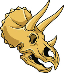 Cartoon triceratops skull illustration, prehistoric dinosaur fossil head drawing, ancient horned reptile skeleton art, educational vector for science and history concept