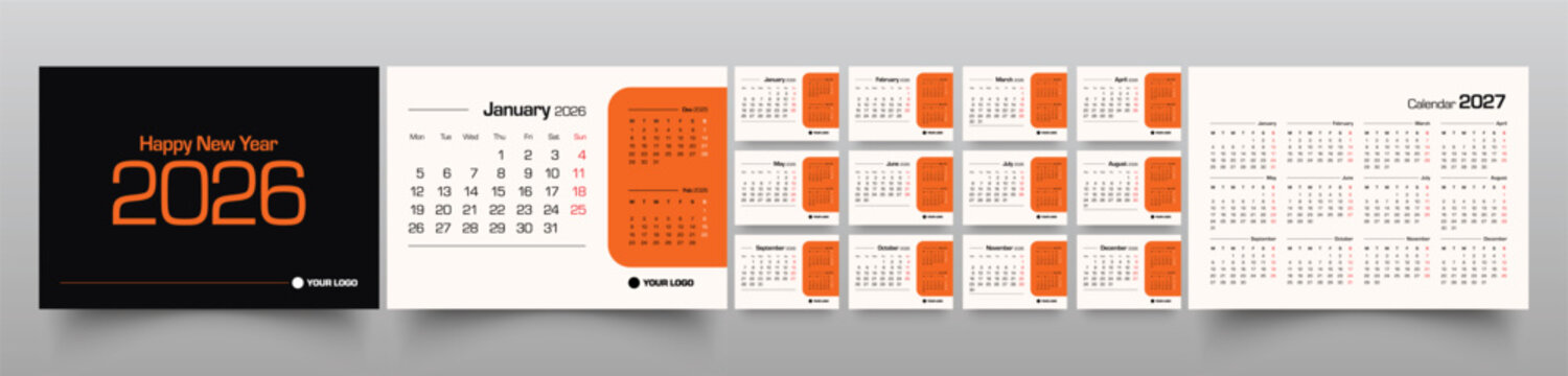 Desk calendar 2026 week start Monday corporate design template vector. Cover calendar. Monthly calendar layout. Minimalist modern desk calendar design in horizontal layout. corporate calendar