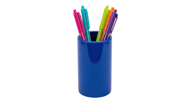 Isolated blue cylindrical pencil holder filled with pens, a useful office container for stationery