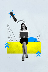 Image zine trend photo collage of happy businessman businesswoman stand telephone handset arrow...