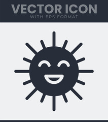 Smiling sun weather icon vector illustration, happy face sun symbol with radiating rays