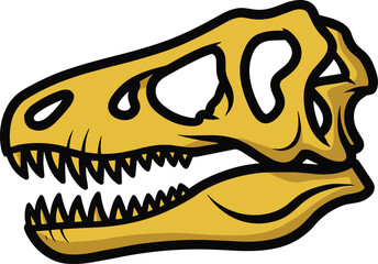 Yellow dinosaur skull illustration with sharp teeth, prehistoric fossil bone drawing, ancient Jurassic reptile skeleton art, vintage science design