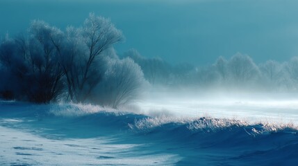 Fototapeta premium Frozen landscape with mist and frosty trees in a serene winter scene
