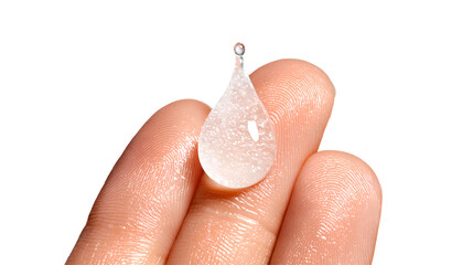Extreme close-up of a human finger holding a large, clear gel droplet with tiny air bubbles, symbolizing concentrated skincare essence and intense hydration.