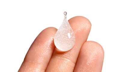Extreme close-up of a human finger holding a large, clear gel droplet with tiny air bubbles, symbolizing concentrated skincare essence and intense hydration.