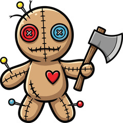 Creepy voodoo doll cartoon holding sharp axe, stitched fabric toy with button eyes and heart patch, horror Halloween illustration
