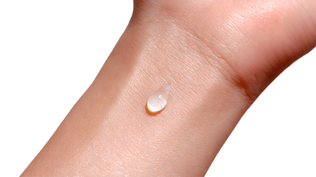 Extreme close-up of a small, clear teardrop-shaped liquid or serum drop on smooth human skin (wrist/hand), symbolizing product testing and hydration.