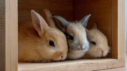 Obraz premium Three adorable rabbits resting closely in a cozy wooden box together