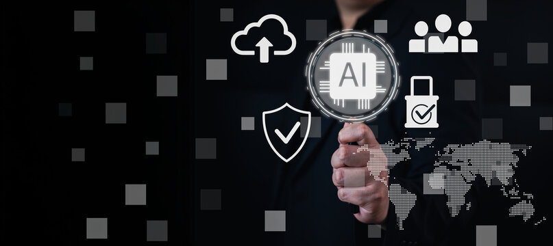 AI technology and business solutions concept. Businessman hand holding a futuristic AI chip icon surrounded by virtual symbols for cybersecurity, global networks.