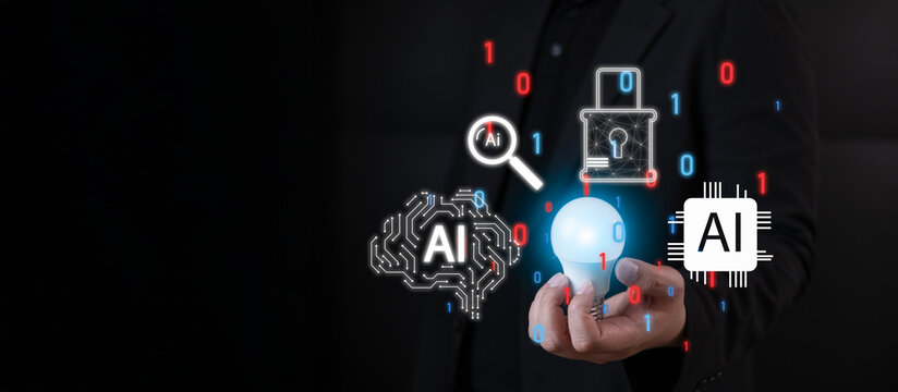 AI, cybersecurity, and innovation concept. Businessman hand holding a lightbulb icon with a virtual interface showing AI brains, chips, and security padlocks for data protection on a dark background. - Powered by Adobe