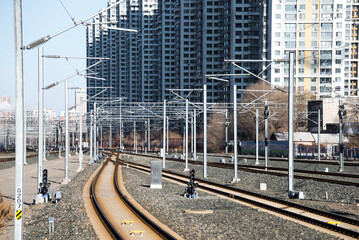 SHENYANG, CHINA - DEC 29, 2018: The rail way of Highspeed train at Shenyang Railway Station in China has the world's longest high-speed rail network with 9,676 km (6,012 mi) of routes in service.