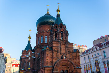Harbin, CHINA - DEC 31, 2018: Saint Sophia Cathedral in Harbin, was built in 1907 and turned into a museum in 1997. It stands at 53.3 meters (175 ft) tall. The renowned landmark of HARBIN.