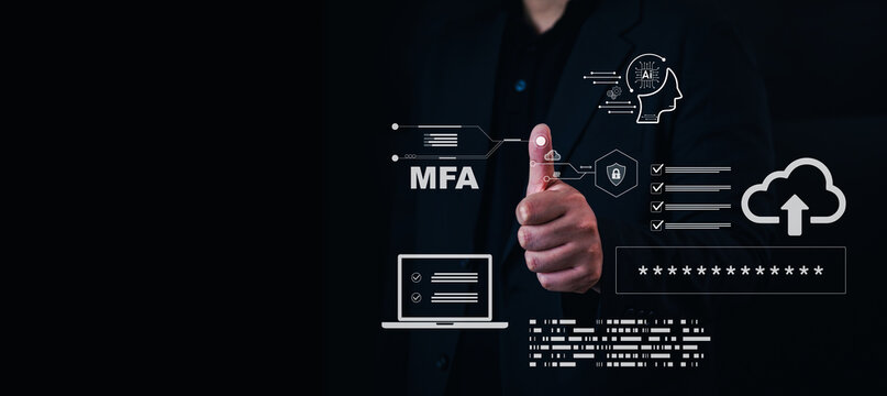 Multi-Factor Authentication (MFA) and cybersecurity concept. Businessman hand with thumb up approval for secure login, identity verification, and data protection on a virtual interface.