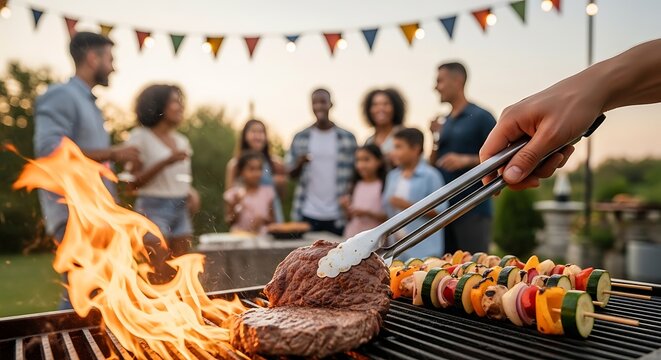 Family and friends enjoying a summer barbecue with grilling food outdoors