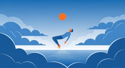 A person floats peacefully in the sky above the ocean.