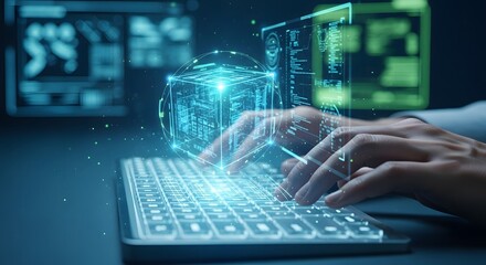 Person typing on keyboard with holographic cube and data displays in the background scene