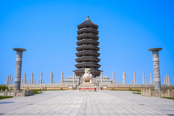 FUYUAN, CHINA - MAY 13 2025-Dongji Pagoda, a nine-story octagonal tower, is a landmark in Fuyuan, Jiamusi, Heilongjiang province.