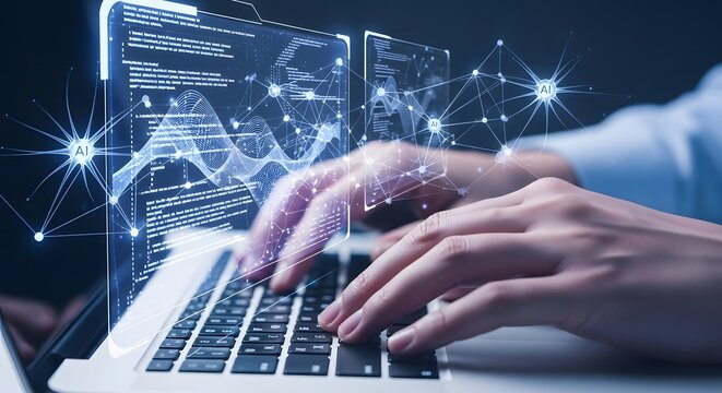 Person typing on a laptop with ai graphics overlayed on the screen and surrounding the keyboard area - Powered by Adobe
