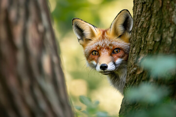 Obraz premium Generative AI image of curious wild red fox peeking from behind tree trunk in green summer forest with soft natural lighting