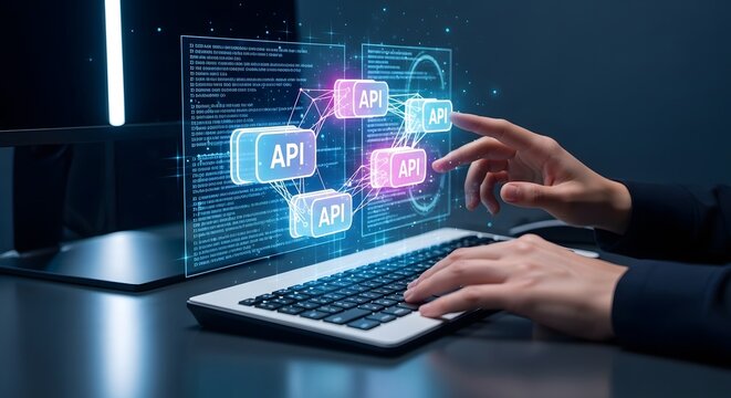 Person coding api connections on a laptop with a monitor displaying code and data visuals